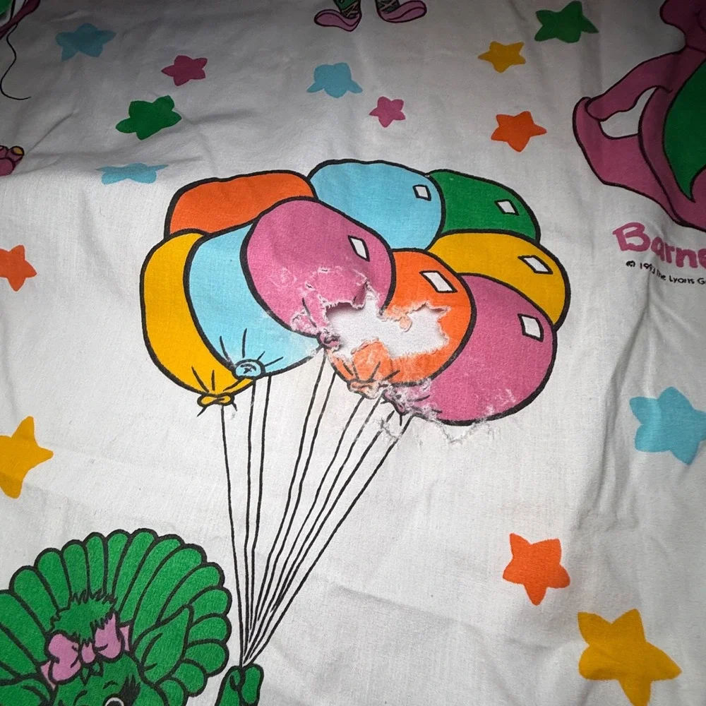 Vtg 93 Barney & Friends Flat Sheets‎ Royalton Baby Bop Balloons Stars Fabric 2pc